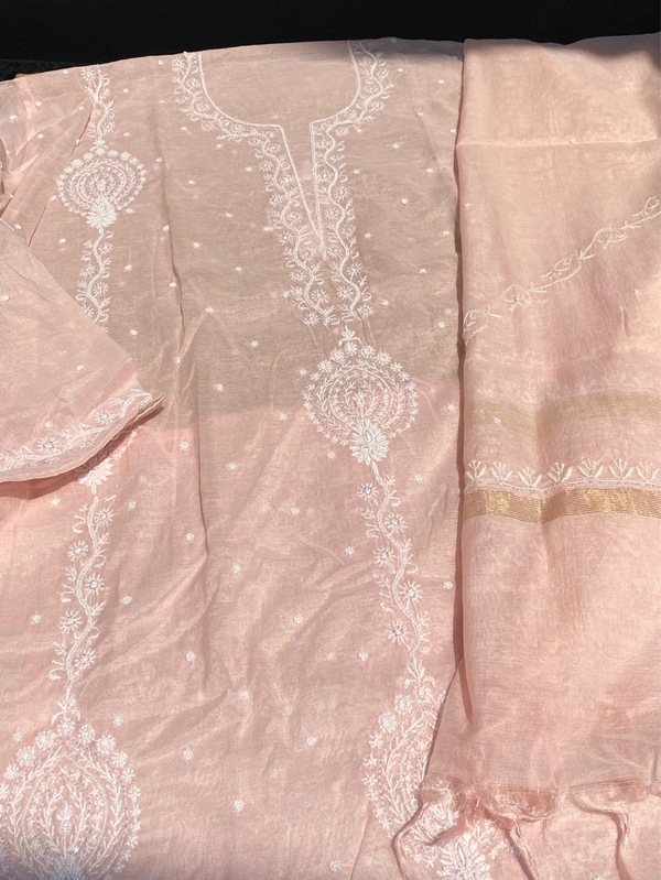 Soft Pastels Mul Chanderi Unstiched Kurta Dupatta - Soft Peach Blush