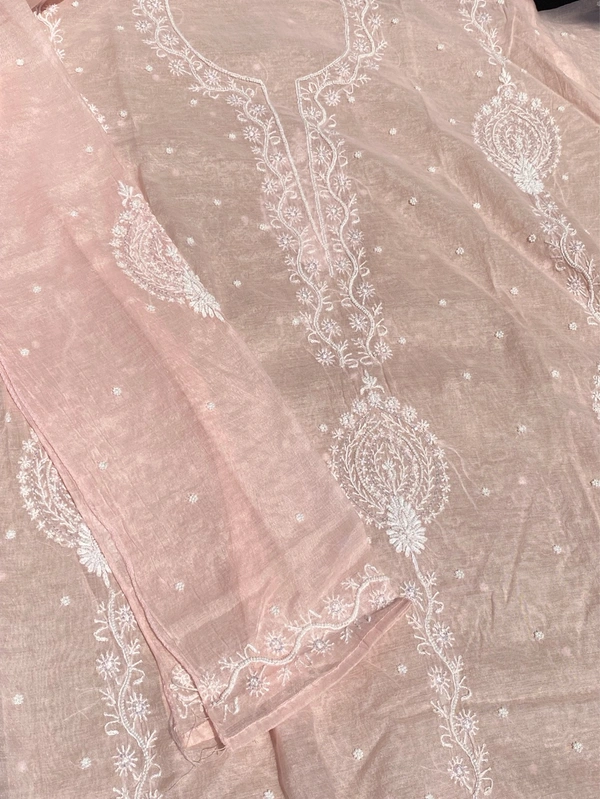 Soft Pastels Mul Chanderi Unstiched Kurta Dupatta - Soft Peach Blush