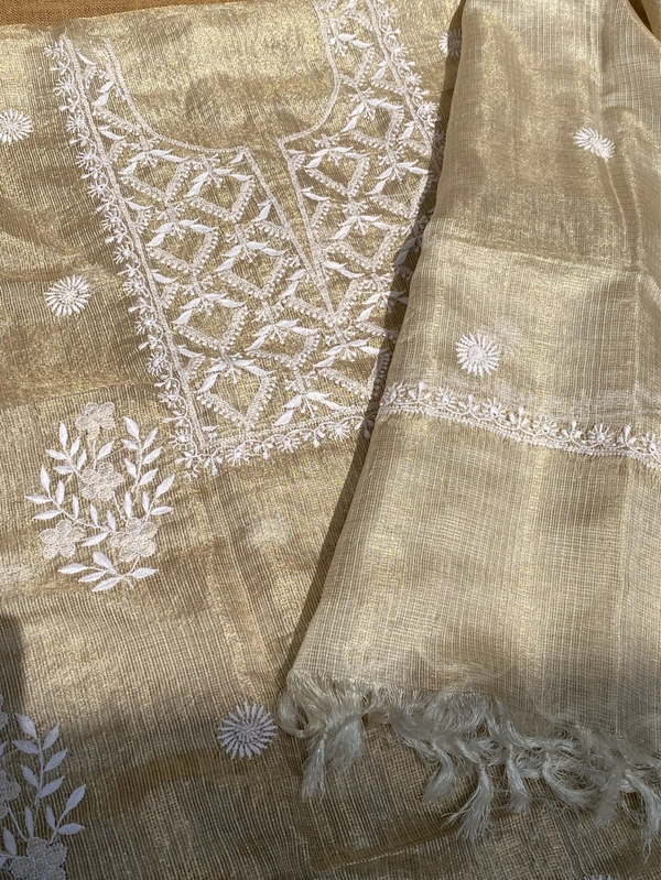 Pure Tissue Chikankari Unstiched Kurta Dupatta - Tussar