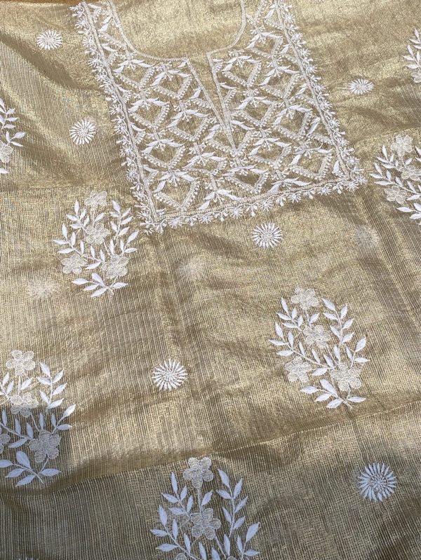 Pure Tissue Chikankari Unstiched Kurta Dupatta - Tussar