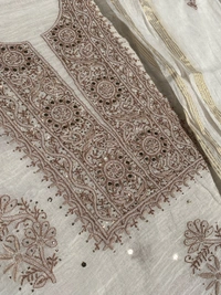 Noor-e-Mulmul Chikankari Unstiched Sets - White/Brown