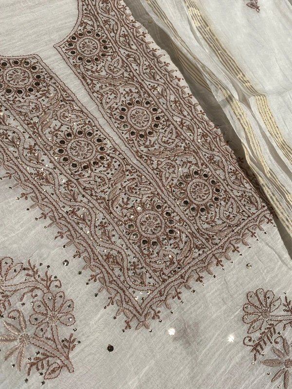 Noor-e-Mulmul Chikankari Unstiched Sets - White/Brown