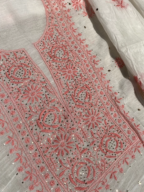 Noor-e-Mulmul Chikankari Unstiched Sets - White/Peach