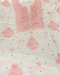 Noor-e-Mulmul Chikankari Unstiched Sets - White/Peach