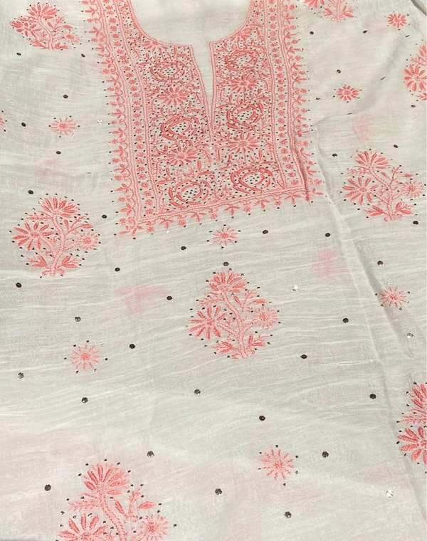 Noor-e-Mulmul Chikankari Unstiched Sets - White/Peach