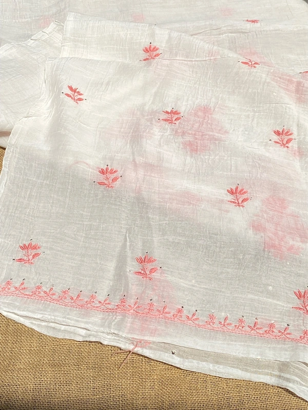 Noor-e-Mulmul Chikankari Unstiched Sets - White/Peach
