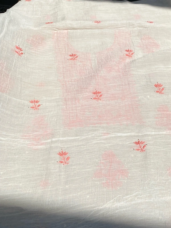 Noor-e-Mulmul Chikankari Unstiched Sets - White/Peach