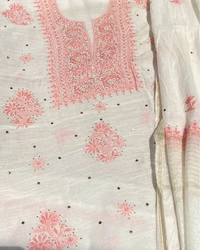 Noor-e-Mulmul Chikankari Unstiched Sets - White/Peach