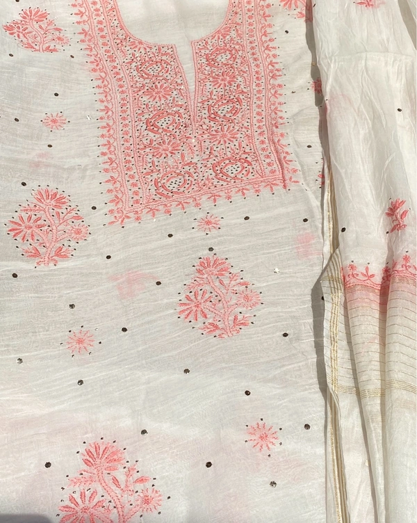 Noor-e-Mulmul Chikankari Unstiched Sets - White/Peach