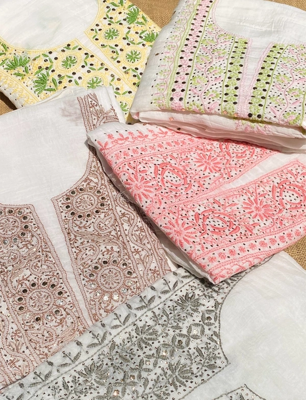 Noor-e-Mulmul Chikankari Unstiched Sets - White/Peach