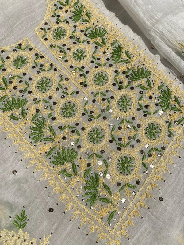 Noor-e-Mulmul Chikankari Unstiched Sets - White/greenlemon