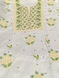 Noor-e-Mulmul Chikankari Unstiched Sets - White/greenlemon