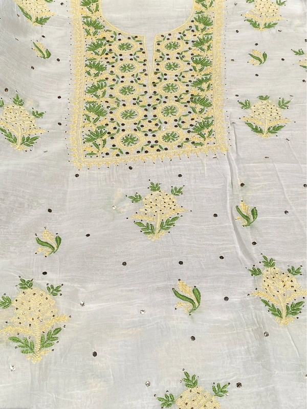 Noor-e-Mulmul Chikankari Unstiched Sets - White/greenlemon