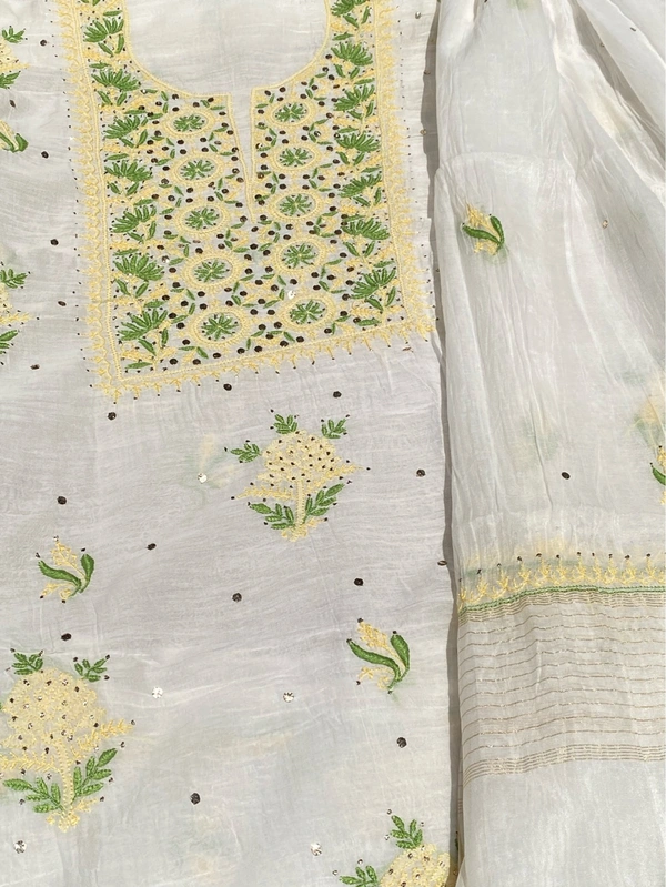 Noor-e-Mulmul Chikankari Unstiched Sets - White/greenlemon
