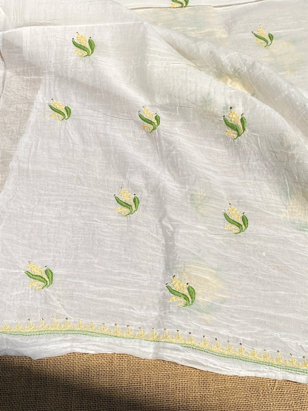 Noor-e-Mulmul Chikankari Unstiched Sets - White/greenlemon