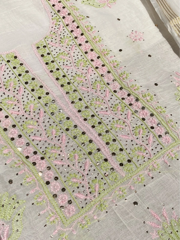 Noor-e-Mulmul Chikankari Unstiched Sets - White/Pinkgreen