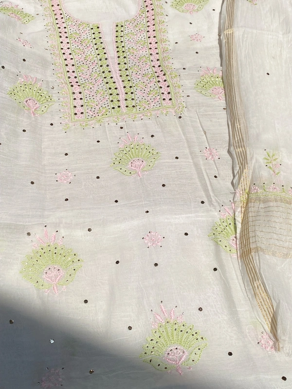Noor-e-Mulmul Chikankari Unstiched Sets - White/Pinkgreen