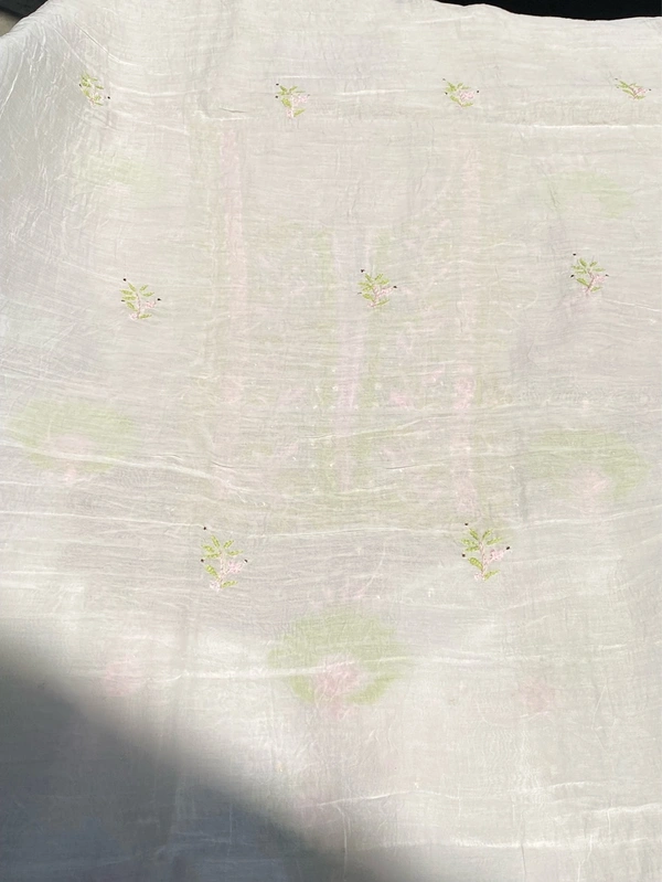 Noor-e-Mulmul Chikankari Unstiched Sets - White/Pinkgreen