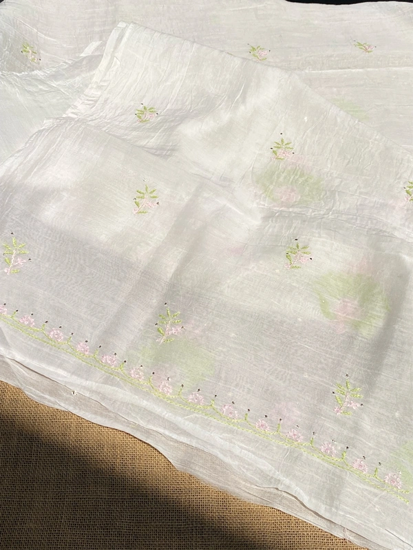 Noor-e-Mulmul Chikankari Unstiched Sets - White/Pinkgreen