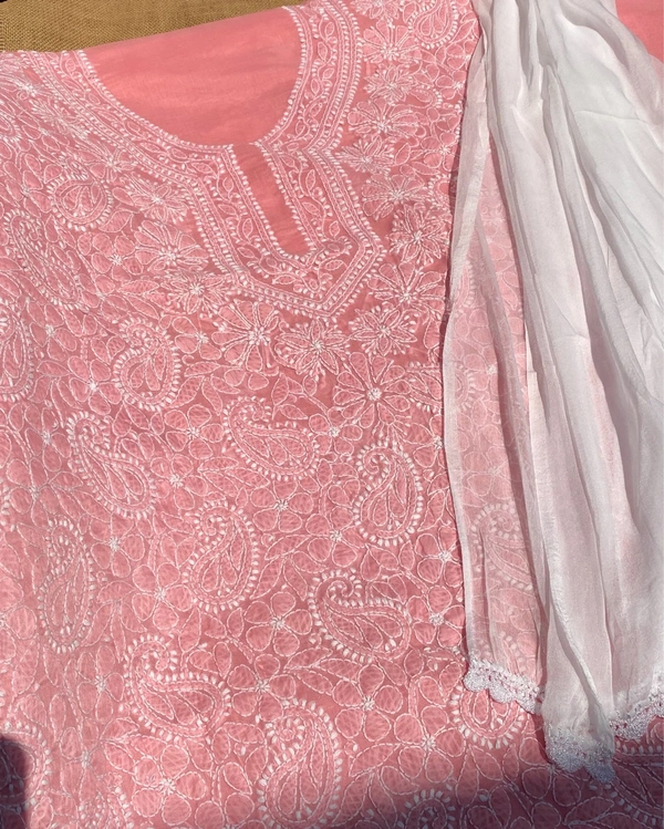 Traditional Carrot Pink Chikankari Jaalwork Unstiched Dress - Carrot Pink