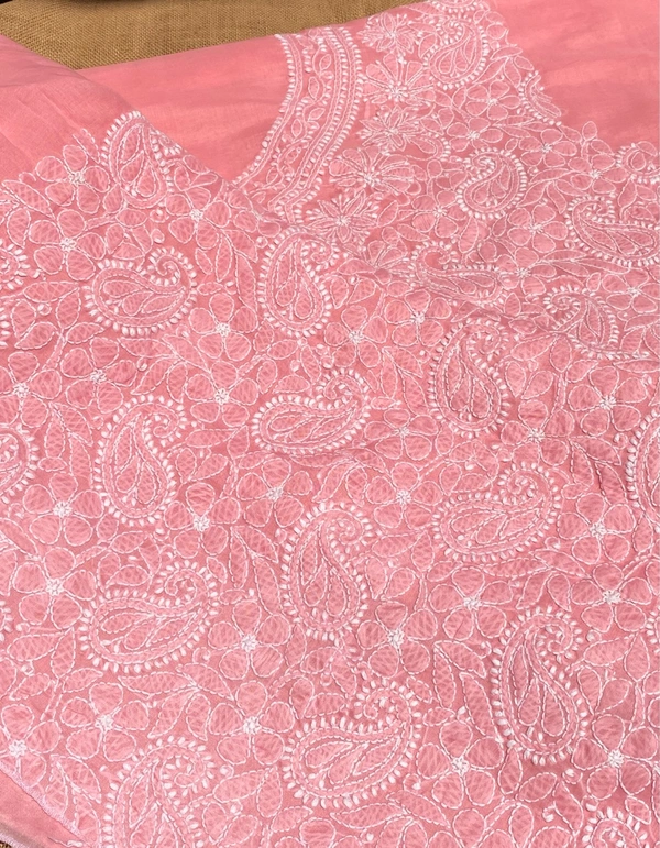 Traditional Carrot Pink Chikankari Jaalwork Unstiched Dress - Carrot Pink