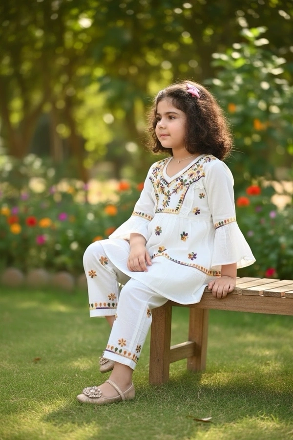 Peehu White Multi Chikankari Frill Frock Set - 28