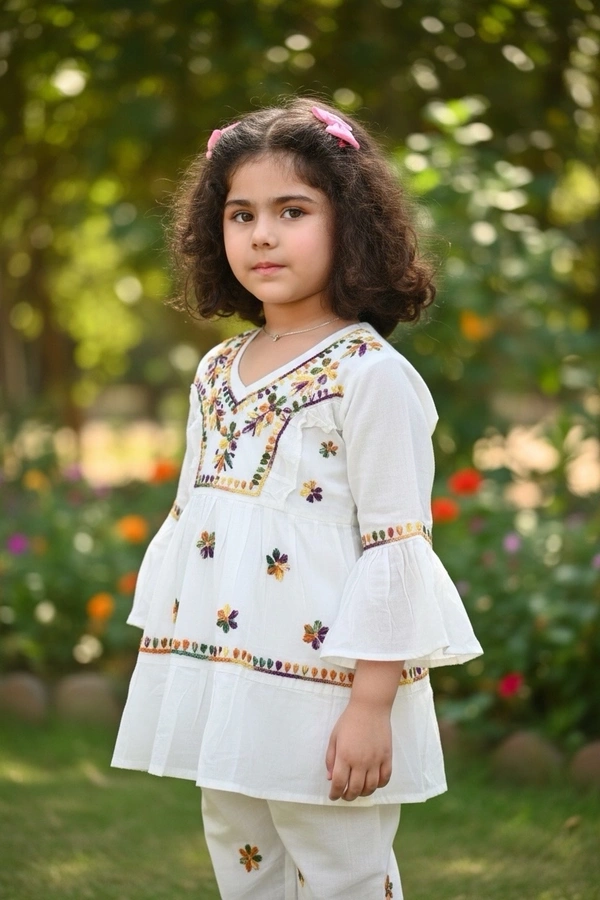 Peehu White Multi Chikankari Frill Frock Set - 28