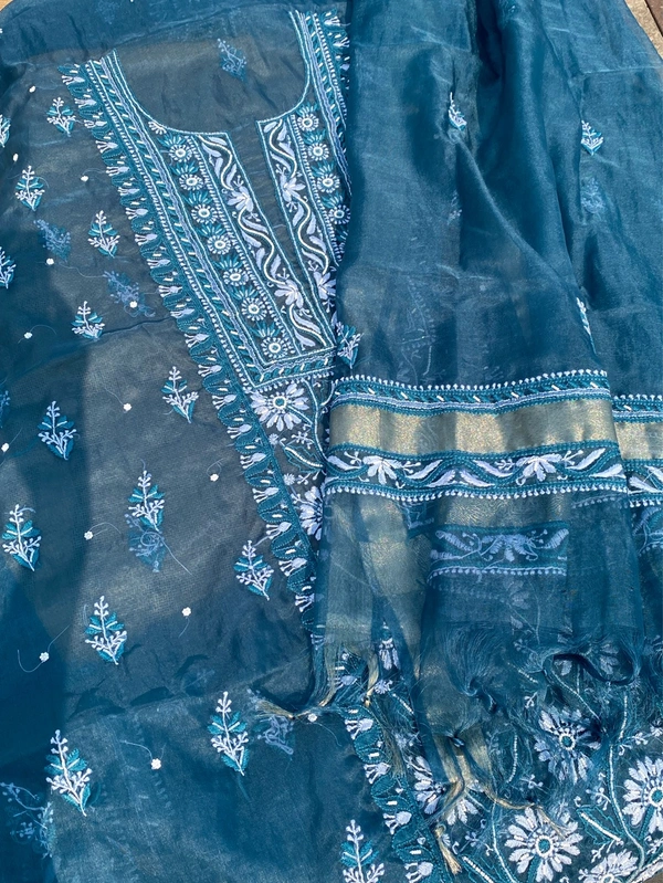 Peacock Blue Chikankari Organza Unstiched Kurta Dupatta - Peacock Blue