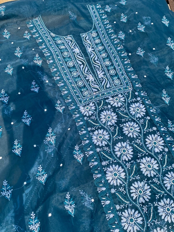 Peacock Blue Chikankari Organza Unstiched Kurta Dupatta - Peacock Blue