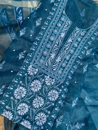 Peacock Blue Chikankari Organza Unstiched Kurta Dupatta - Peacock Blue