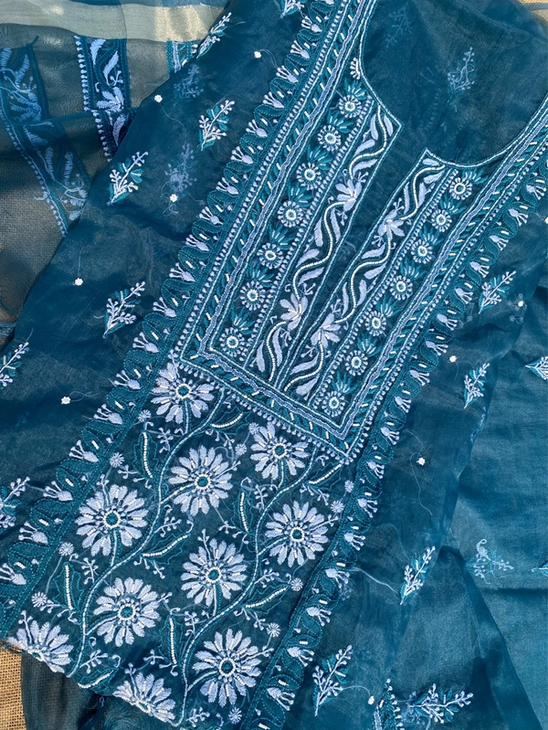 Peacock Blue Chikankari Organza Unstiched Kurta Dupatta - Peacock Blue