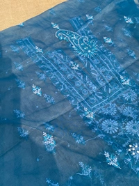 Peacock Blue Chikankari Organza Unstiched Kurta Dupatta - Peacock Blue