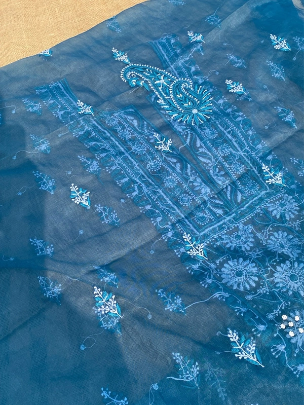 Peacock Blue Chikankari Organza Unstiched Kurta Dupatta - Peacock Blue
