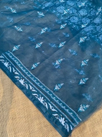 Peacock Blue Chikankari Organza Unstiched Kurta Dupatta - Peacock Blue