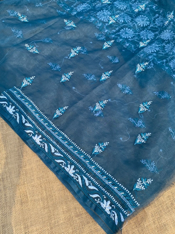 Peacock Blue Chikankari Organza Unstiched Kurta Dupatta - Peacock Blue