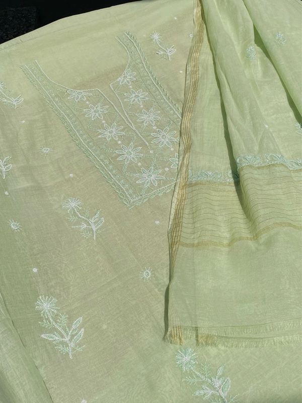 Noor-e-Mulmul Pista Green Chikankari Unstiched Set - Pista Green