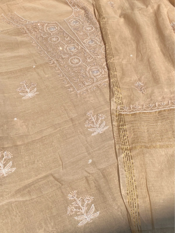 Noor-e-mulmul Beige Unstitched Chikankari Set - Beige
