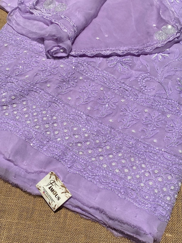 Lilac Chikankari Pure Viscose Unstiched Kurta Dupatta - Lilac