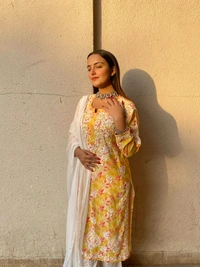 Modal Print Chikankari Straight Long Kurti - Mustard Yellow, 4XL(48)