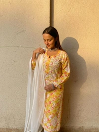 Modal Print Chikankari Straight Long Kurti - Mustard Yellow, 4XL(48)