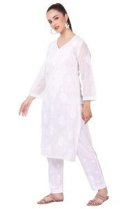 White Chikankari Long Kurti In Kota Cotton - White, L(40)