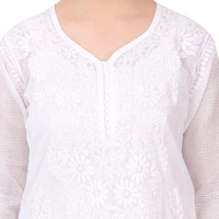 White Chikankari Long Kurti In Kota Cotton - White, L(40)