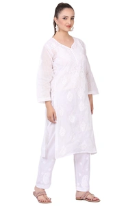 White Chikankari Long Kurti In Kota Cotton - White, L(40)