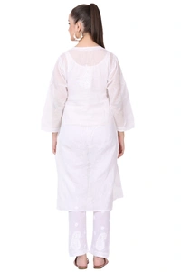 White Chikankari Long Kurti In Kota Cotton - White, L(40)