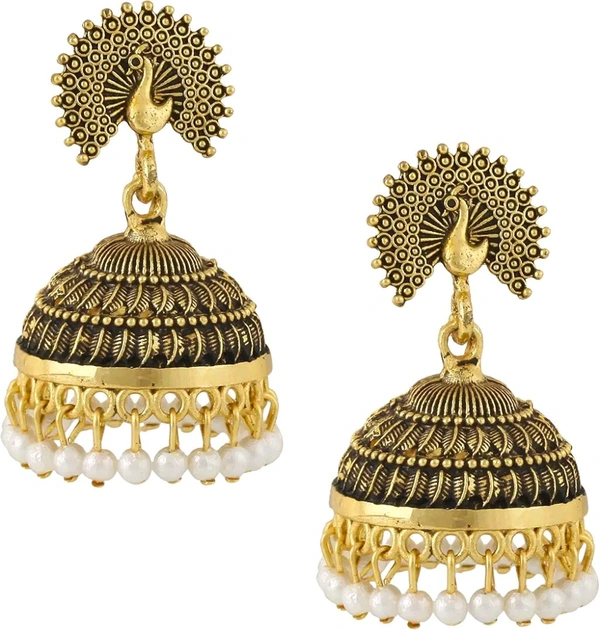 Glevcare Traditional Wedding Temple Gold oxidised Meenakari Ethnic Antique South Indian Round Pearl Moti Big Feather Peacock Jhumkas Jhumka jhumki Earrings set Ear rings For Women girls - Raw Sienna