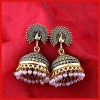 Glevcare Traditional Wedding Temple Gold oxidised Meenakari Ethnic Antique South Indian Round Pearl Moti Big Feather Peacock Jhumkas Jhumka jhumki Earrings set Ear rings For Women girls - Raw Sienna