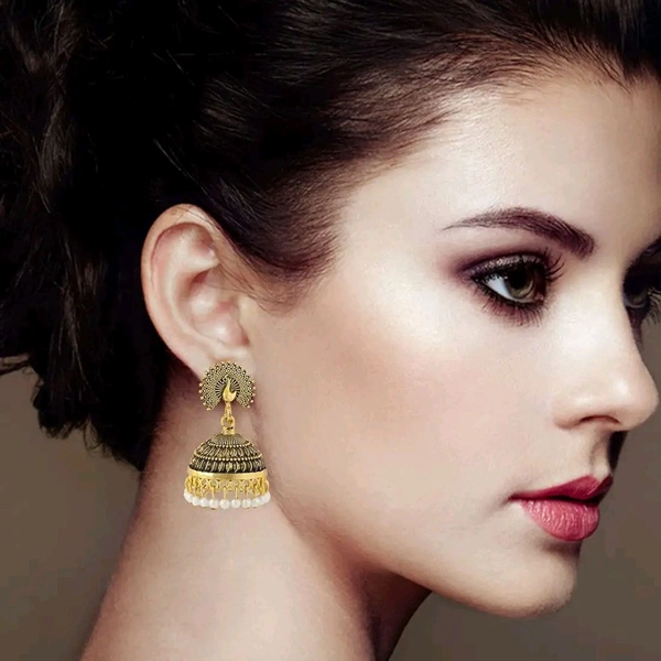 Glevcare Traditional Wedding Temple Gold oxidised Meenakari Ethnic Antique South Indian Round Pearl Moti Big Feather Peacock Jhumkas Jhumka jhumki Earrings set Ear rings For Women girls - Raw Sienna