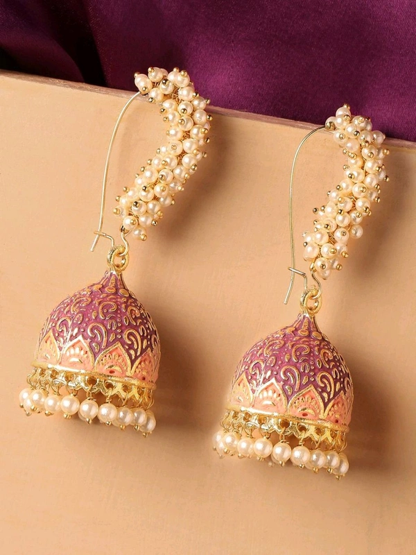 Glevcare Multi-Color Meenakari Enamel Pearls Ethnic Jhumki Earrings for Women - Gold