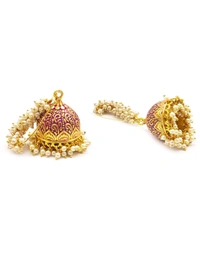 Glevcare Multi-Color Meenakari Enamel Pearls Ethnic Jhumki Earrings for Women - Gold