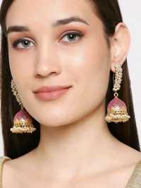 Glevcare Multi-Color Meenakari Enamel Pearls Ethnic Jhumki Earrings for Women - Gold